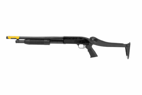 The Mossberg Maverick 88 security model features a top folding stock for easy storage